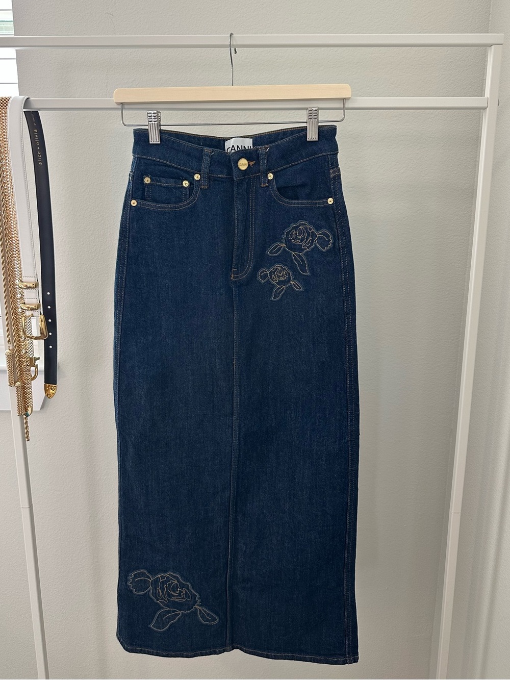 GANNI Denim Skirt with Floral Detailing